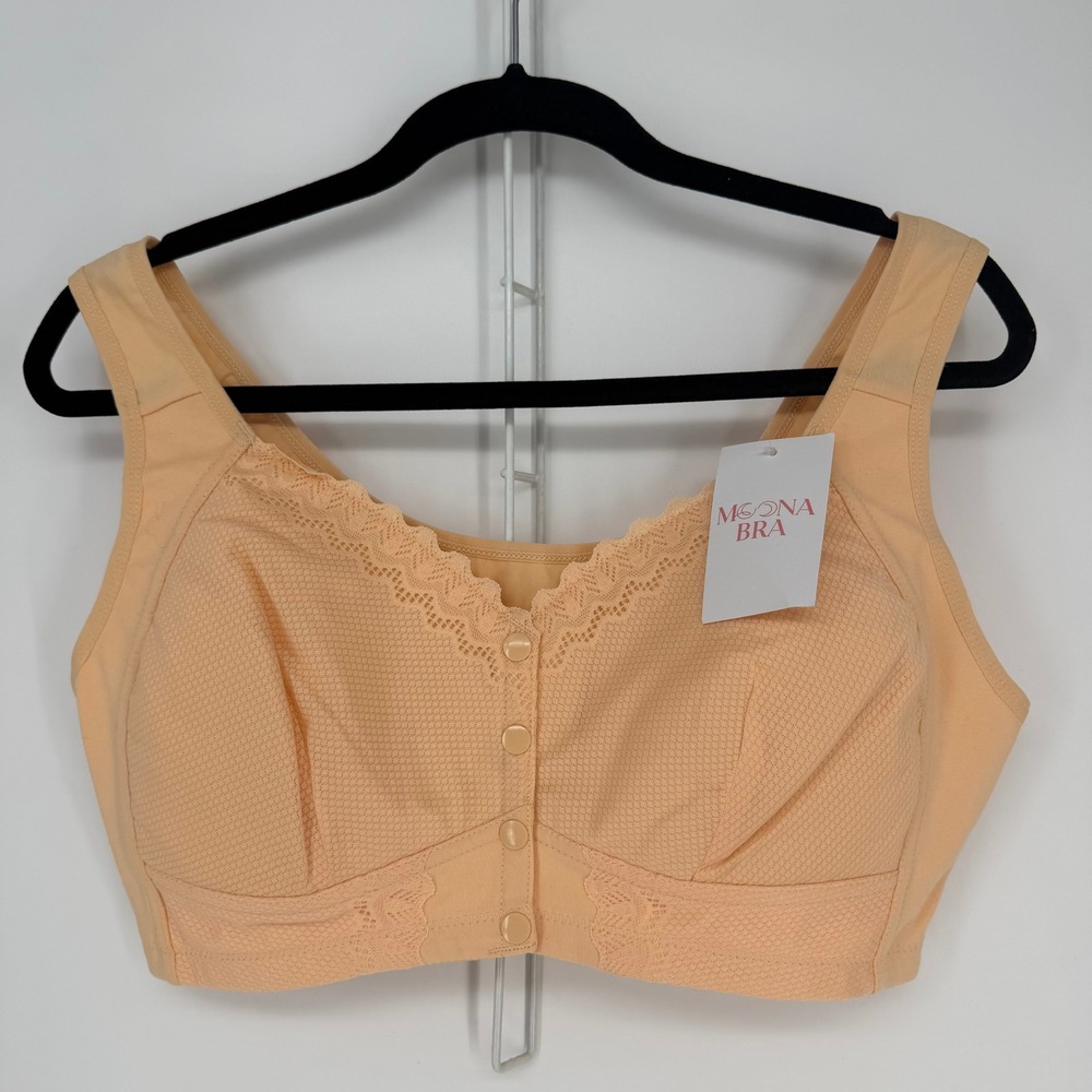 NWT Moona Bra Front Button Bra Womens 2XL Peach Lace Trim Cotton Comfort Cottage